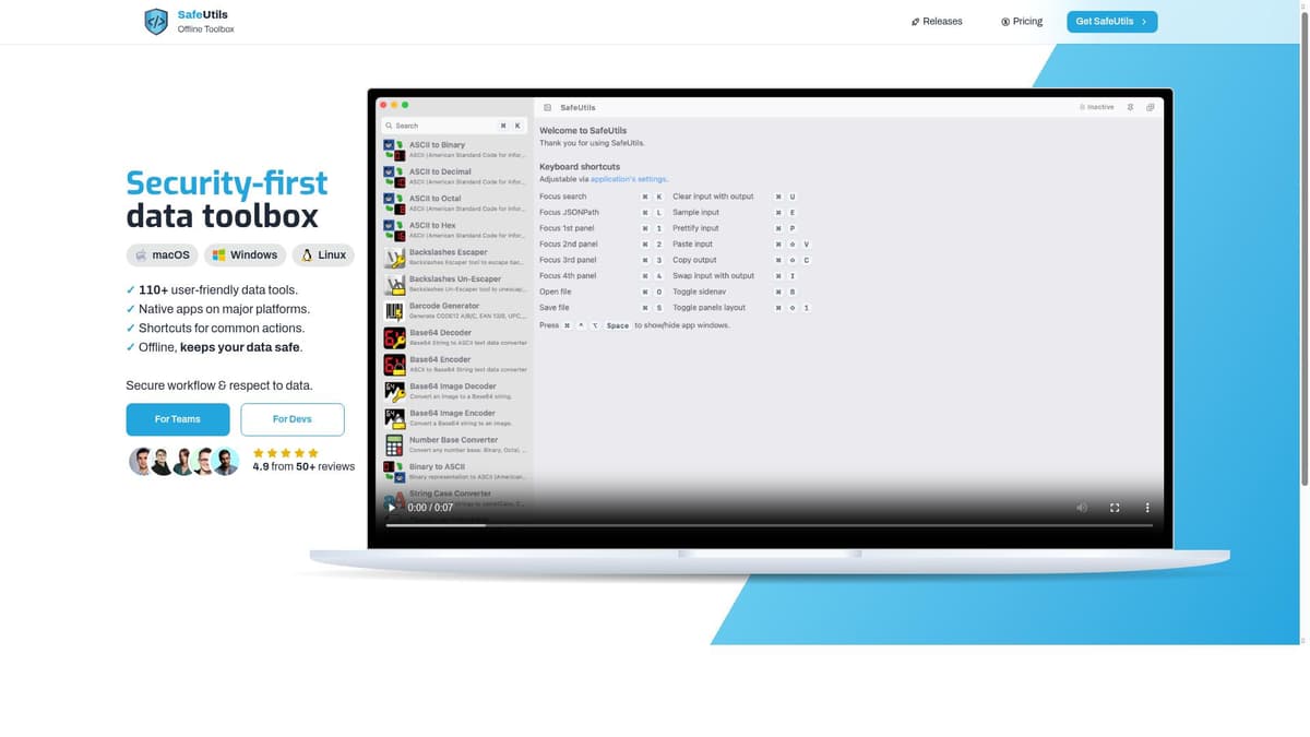 SafeUtils - 110+ developer tools as secure, native MacOS, Linux & Windows desktop apps.